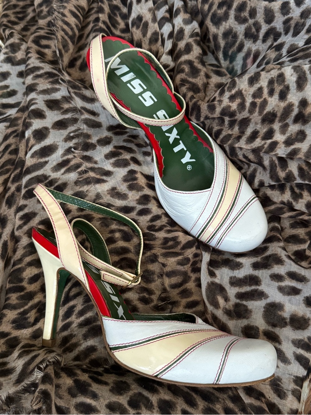 Rare Miss Sixty vintage striped ankle strap leather slingback high heels y2k